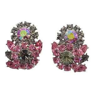 TRIFARI Black Diamond Grey Pink Rhinestone Aurora Borealis Silver Tone Earrings